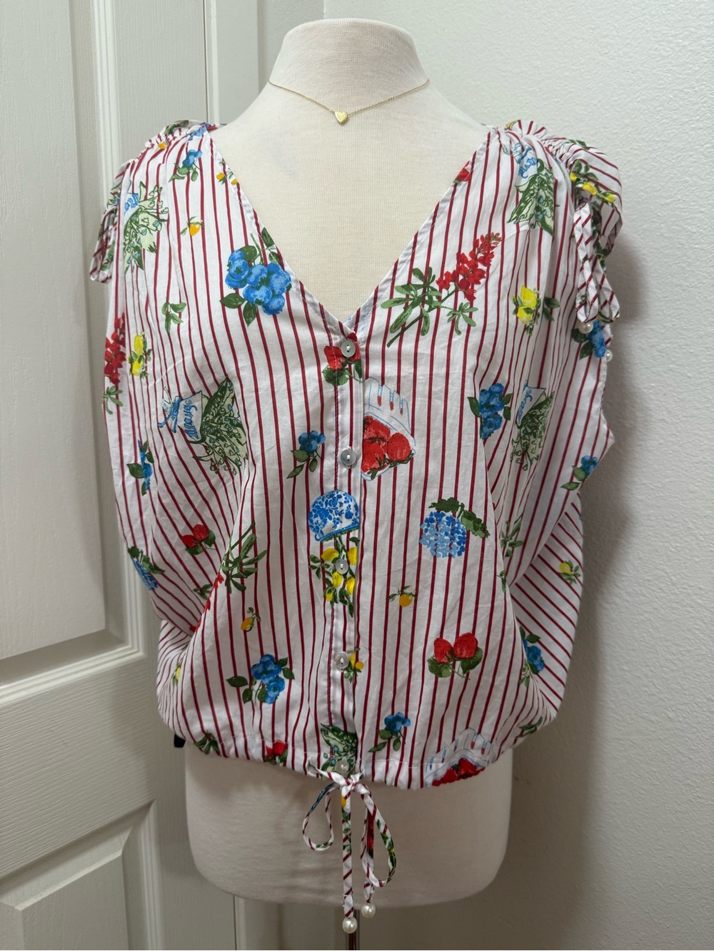 Marc New York White Blouse with Red Stripes and Multicolor Floral Print